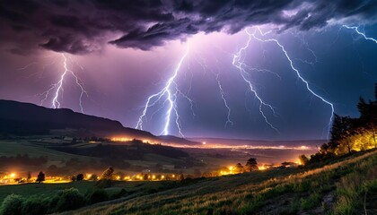 Obraz premium Mesmerizing Night Skies: Vivid Lightning Illuminates the Darkness with an Ethereal Glow, Transforming the Landscape into a Scene of Pure Energy and Breathtaking Beauty Amidst the Storm