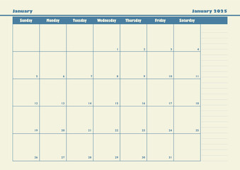 January 2025 Monthly Planner, Table Format
January 2025 planner with note, taking sections and a neat table design