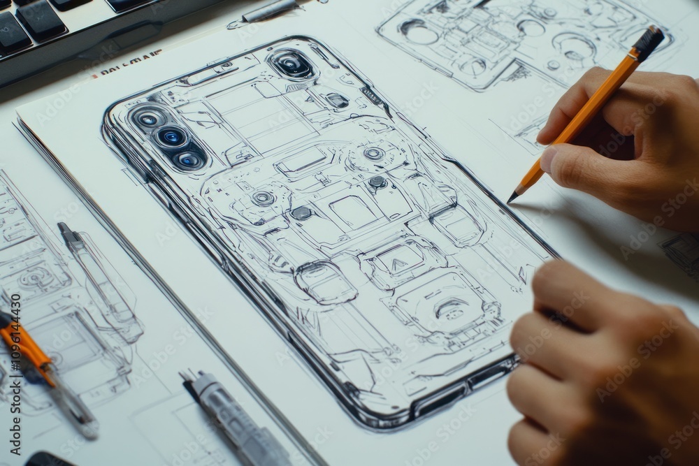 Aufkleber a sketch of a smartphone design with detailed components and a hand drawing.