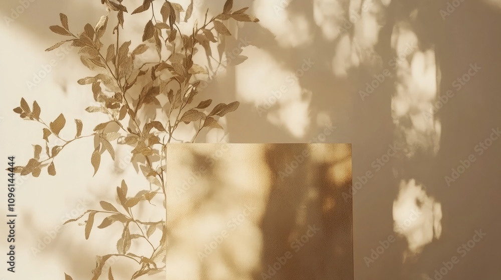 Poster serene shadows and natural textures: soft light casting delicate patterns on a minimalist wall with 