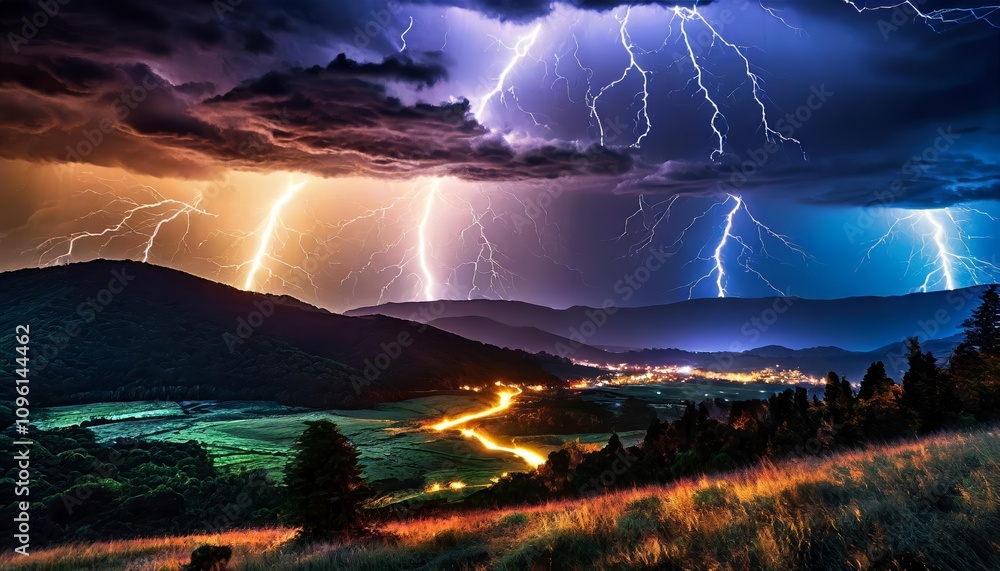 Poster a mesmerizing scene: vibrant lightning illuminates the night sky, casting a spellbinding glow that c