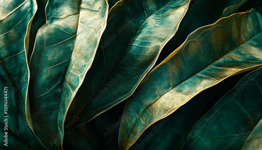 Poster dark and mysterious close-up of overlapping large green leaves with visible veins and curled edges o