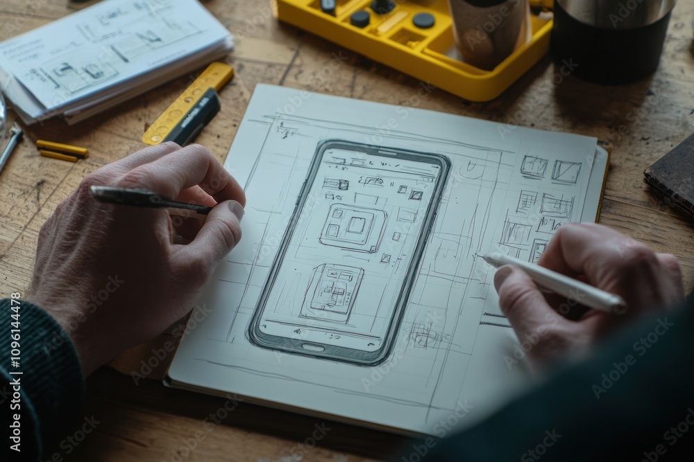 Poster A person sketches a smartphone design on paper, surrounded by tools and notes.