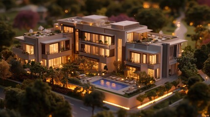 Luxurious Modern Villa Surrounded by Lush Greenery and Illuminated Pool at Dusk, Ideal for Real Estate, Architecture, and Lifestyle Imagery