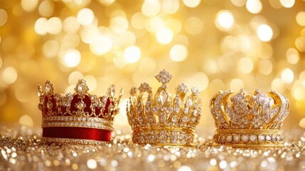 Regal crowns adorned with jewels set against a sparkling golden bokeh backdrop, celebrating a joyful epiphany with elegance and shine.