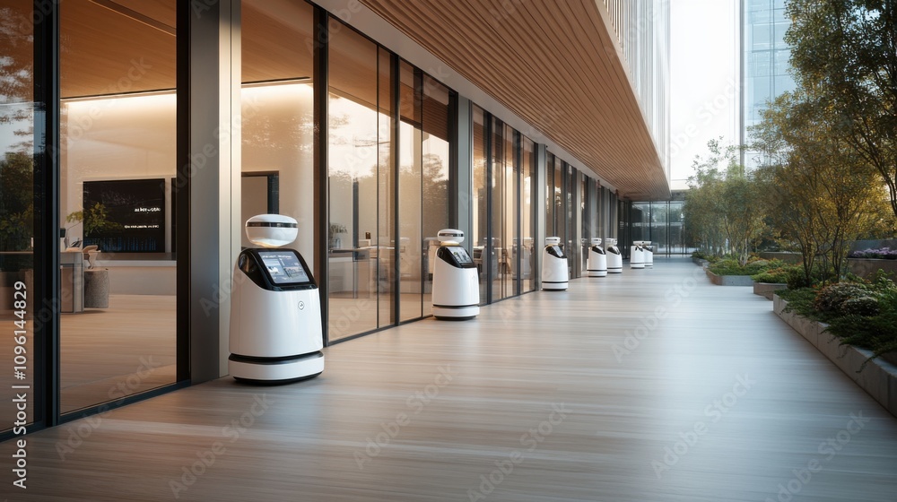 Poster modern office with sleek ai robots in corporate setting