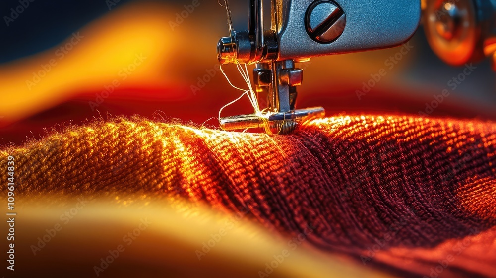 Aufkleber close-up of a sewing machine needle and thread on colorful fabric showcasing intricate textile work 
