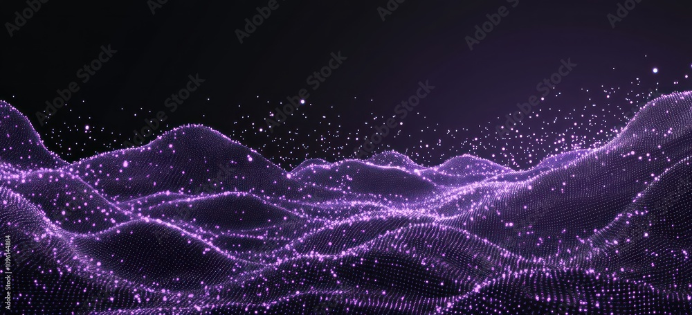 Aufkleber abstract digital landscape with flowing waves and glowing particles in purple tones.
