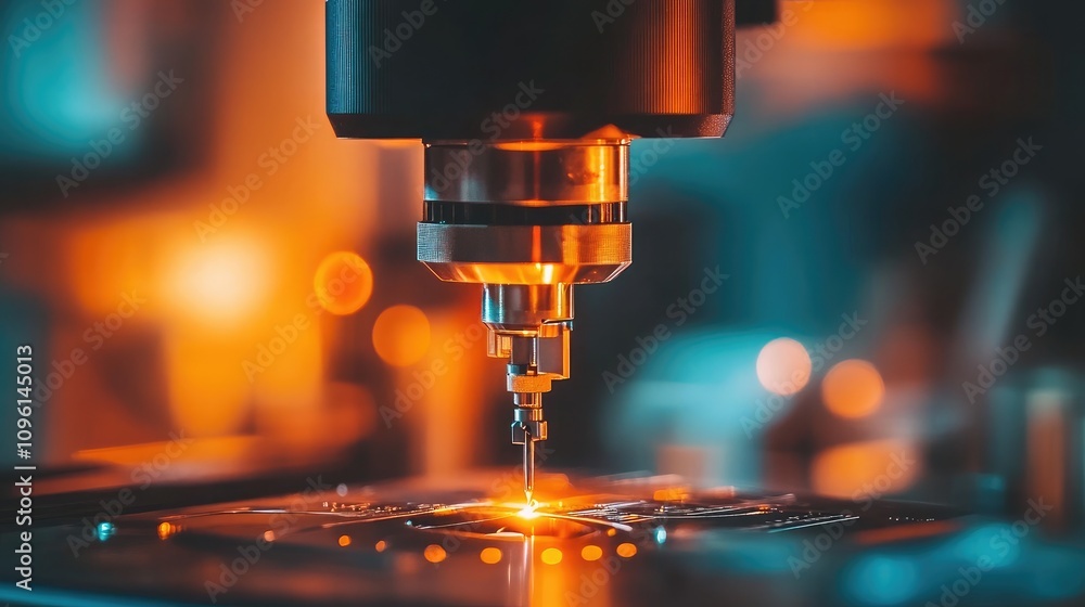 Aufkleber close-up of a precision laser engraver during operation with warm glowing lights and focusing mechan