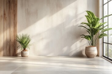 A serene interior space with potted plants and soft natural light.