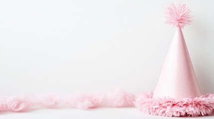 Pastel pink party hat adorned with a fluffy trim, set against a clean white backdrop, creating a cheerful and festive atmosphere.