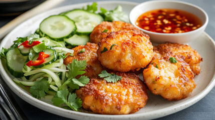 Fototapeta premium Crispy Fried Shrimp Cakes with Cucumber Salad and Spicy Dipping Sauce