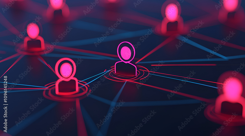 Poster a digital network visualization featuring interconnected user icons with glowing pink outlines again