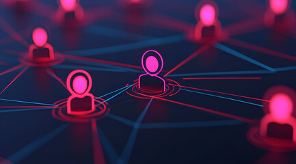 A digital network visualization featuring interconnected user icons with glowing pink outlines against a dark background.