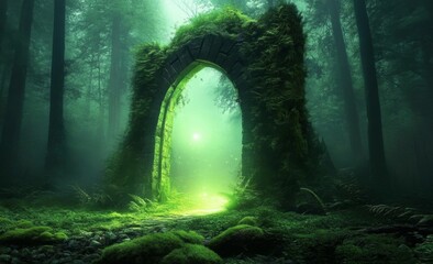 Obraz premium Enchanting Forest Landscape with Moss-Covered Trees, Stone Archway, and Ethereal Light - Peaceful and Serene Nature Scene