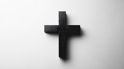 Naklejka premium Minimalist Black Wooden Cross on a Bright White Background Emphasizing Faith, Simplicity, and Serenity in Design