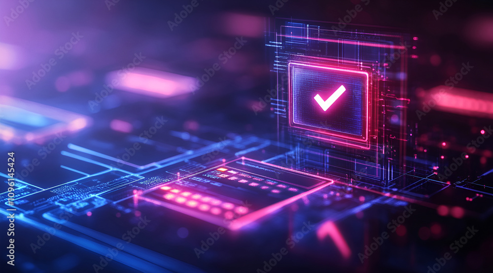 Poster a vibrant digital scene featuring a glowing checkmark within a circuit-like structure, symbolizing t