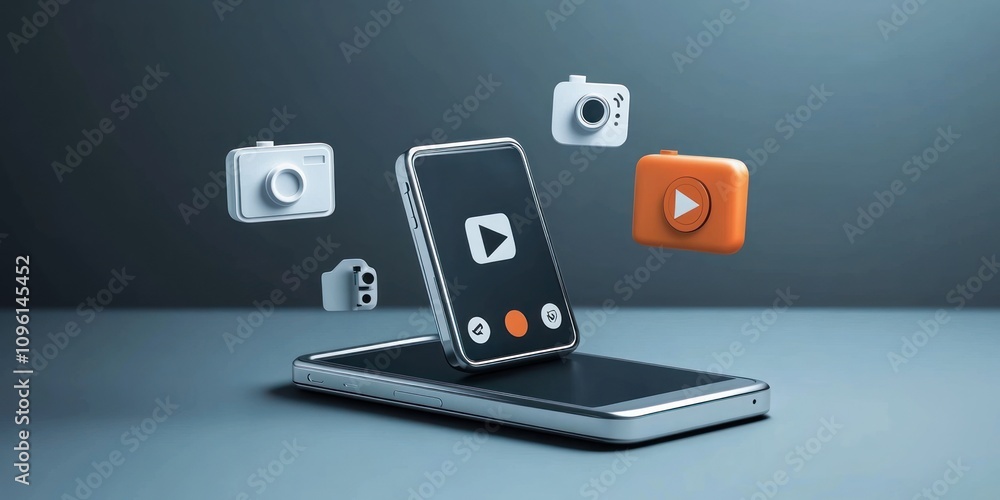 Aufkleber a smartphone with video and camera icons, symbolizing multimedia content creation.