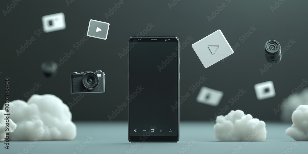 Poster A smartphone surrounded by floating media icons and clouds, symbolizing digital connectivity.