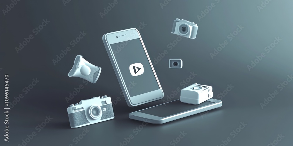 Poster a collection of digital media devices and accessories floating around a smartphone.