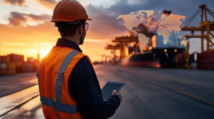 Industrial worker in safety gear standing on dock at sunset, using tablet to manage shipping logistics with world map overlay for global trade analysis