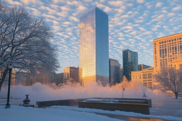 Fototapeta premium A serene winter scene featuring a tall glass building amidst frosty surroundings and mist.