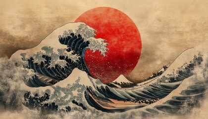 Realistic digital painting of the iconic Great Wave off Kanagawa with a red sun and crashing waves.