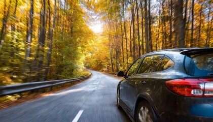 Dynamic view of a car speeding through an autumn forest road, showcasing vibrant fall foliage and motion blur effects, capturing the essence of nature and modern travel in a breathtaking