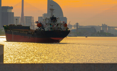 Marine and Cargo Hull at sunrise at the bund in Shanghai