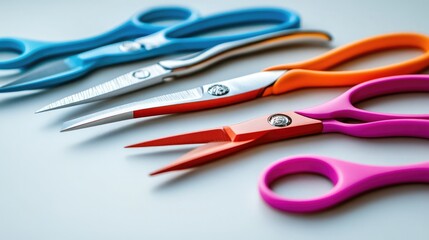 A Colorful Array of Scissors in Blue, Orange, Pink, and Metallic Silver, Showcasing Various Blades for Crafting, Cutting, and Precision Work on a Simple Background