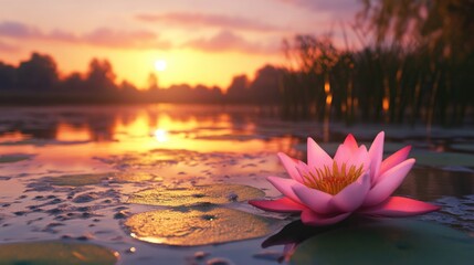 Pink water lily blooming gracefully in a tranquil pond, surrounded by lily pads, with a stunning sunrise casting warm hues across the sky and water.