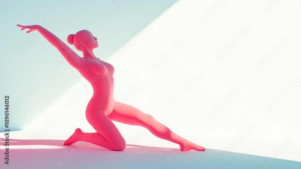 Poster a stylized figure in a dynamic pose, illuminated by soft lighting.