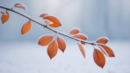 frozen branch with autumn leaves, delicately coated in frost, creating a beautiful contrast of the seasons