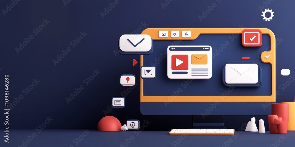 Aufkleber A stylized computer screen displaying email and notification icons in a modern design.