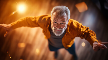 Banner capturing man with lively expression reaching out under radiant golden light and dynamic background of action