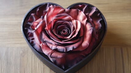 Fototapeta premium Heart-shaped gift box featuring a striking red rose, elegantly presented on a wooden table, perfect for Valentine's Day celebrations.