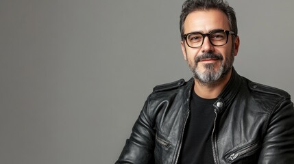 Obraz premium Confident man with a stylish beard donning a black leather jacket and vintage eyewear, exuding a classic biker aesthetic.