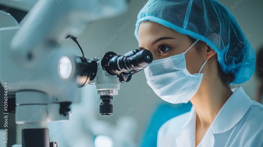 Poster a dedicated scientist in a lab coat and mask focuses intently on a microscope, analyzing samples in 