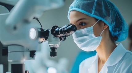 A dedicated scientist in a lab coat and mask focuses intently on a microscope, analyzing samples in a well-lit laboratory environment that promotes discovery