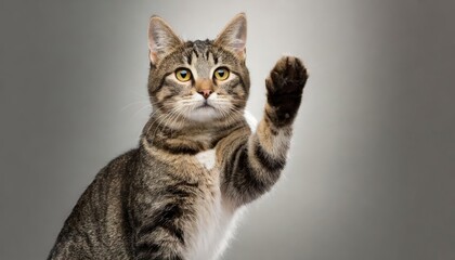Charming Photo of a Cat Giving a High Five Isolated on White Background â€“ Adorable Gesture of Feline Playfulness Perfect for Pet Enthusiasts and Animal-Lovers Alike