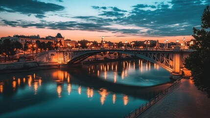 Obraz premium A serene evening view of a bridge illuminated over a calm river at sunset.