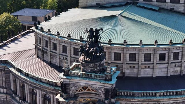 Drone view of the quadriga statue on the Semperoper roof in Dresden, Germany