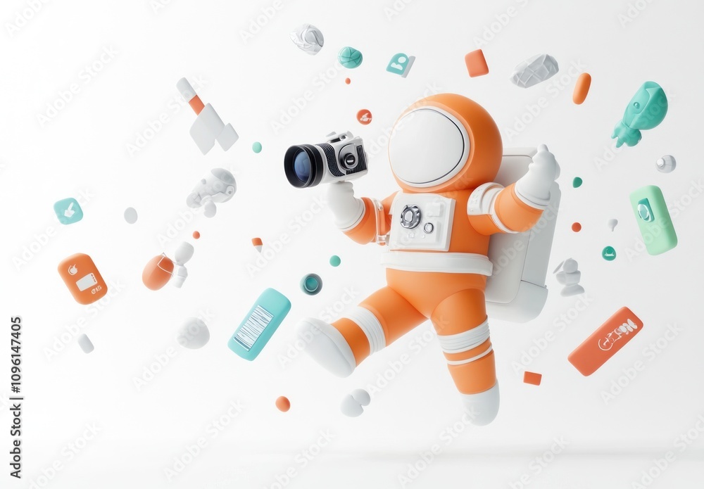 Aufkleber an orange astronaut holding a camera amidst colorful floating objects representing creativity.
