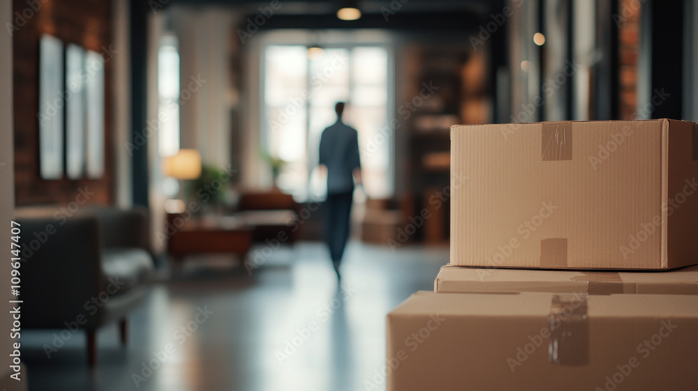 Poster moving boxes in spacious room with person walking away, creating sense of transition and new beginni