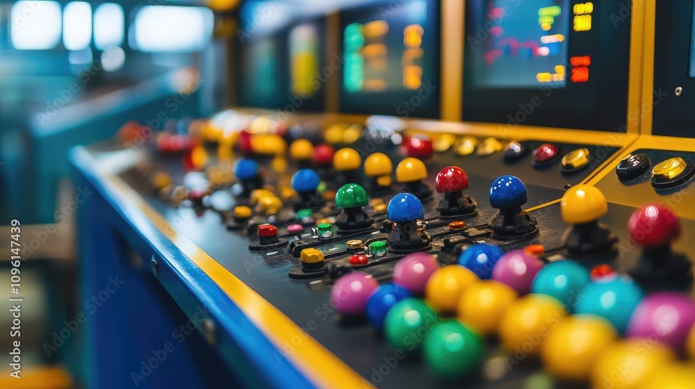 Aufkleber control panel with colorful buttons and joysticks in modern industrial environment, designed for ope