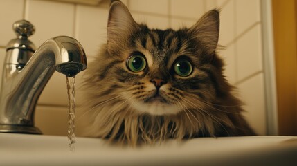 Fluffy gray cat with green eyes curiously sipping water from a bathroom sink faucet, capturing a playful and endearing moment.