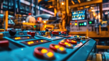 Close-Up View of Control Panel with Colorful Buttons and Indicators in a Busy Industrial Setting with Machinery and Equipment in the Background