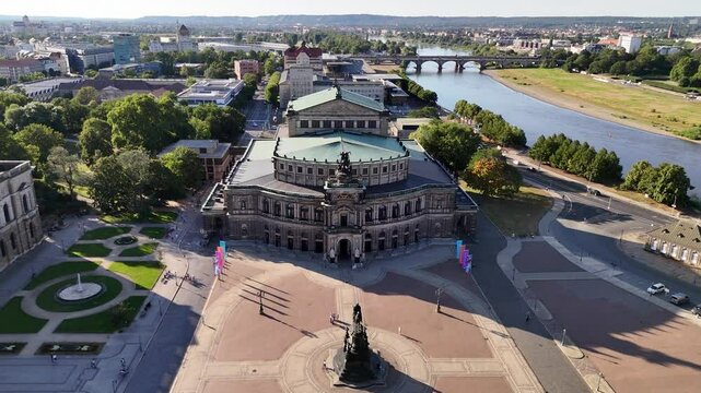 Aerial view of Semperoper Opera House, a historic venue in Dresden, Germany