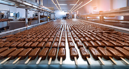 Obraz premium dark chocolate ice cream on stick in confectionery factory 