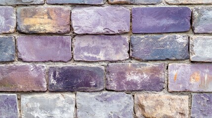 Fototapeta premium Distressed rustic purple brick wall texture showcasing unique stonework and masonry, ideal for backgrounds or banners.